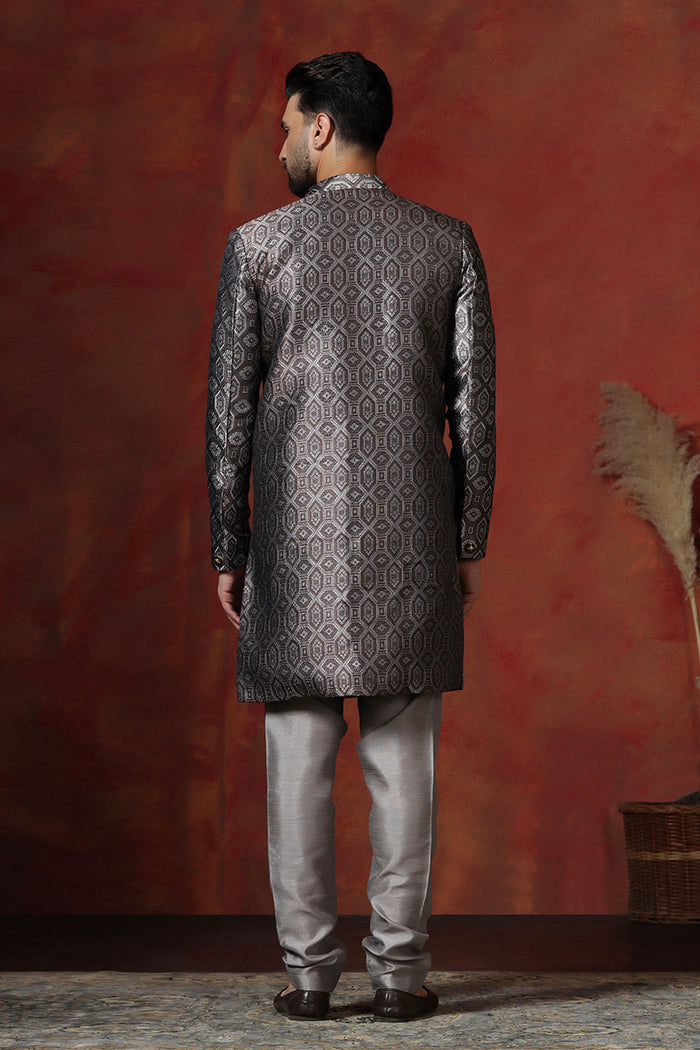 Grey Cotton Blend Printed Sherwani Set