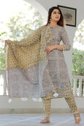 Grey Cotton Floral Printed Kurta Set