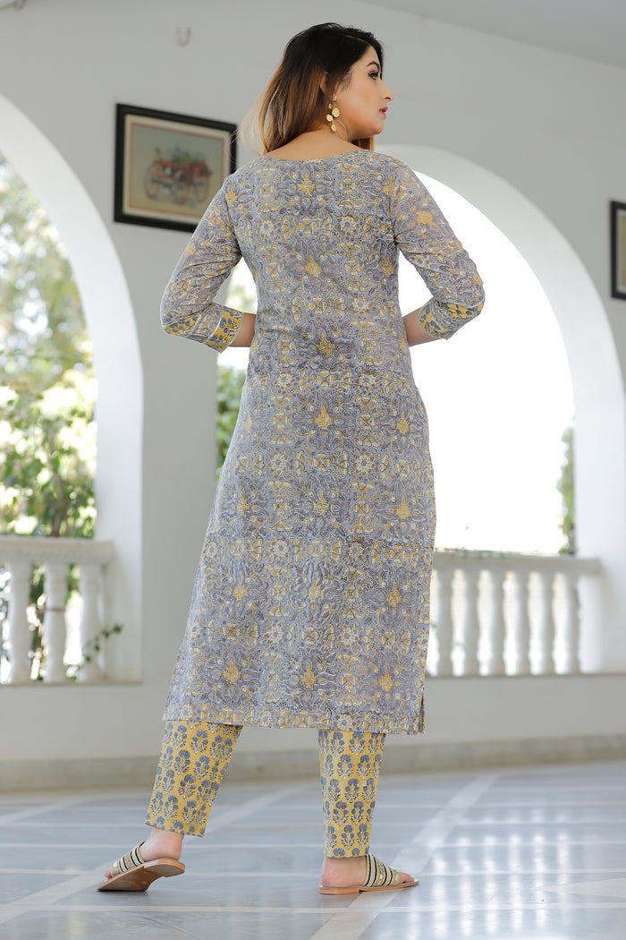Grey Cotton Floral Printed Kurta Set