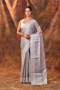 Grey Floral Embroidered Silk Blend Saree