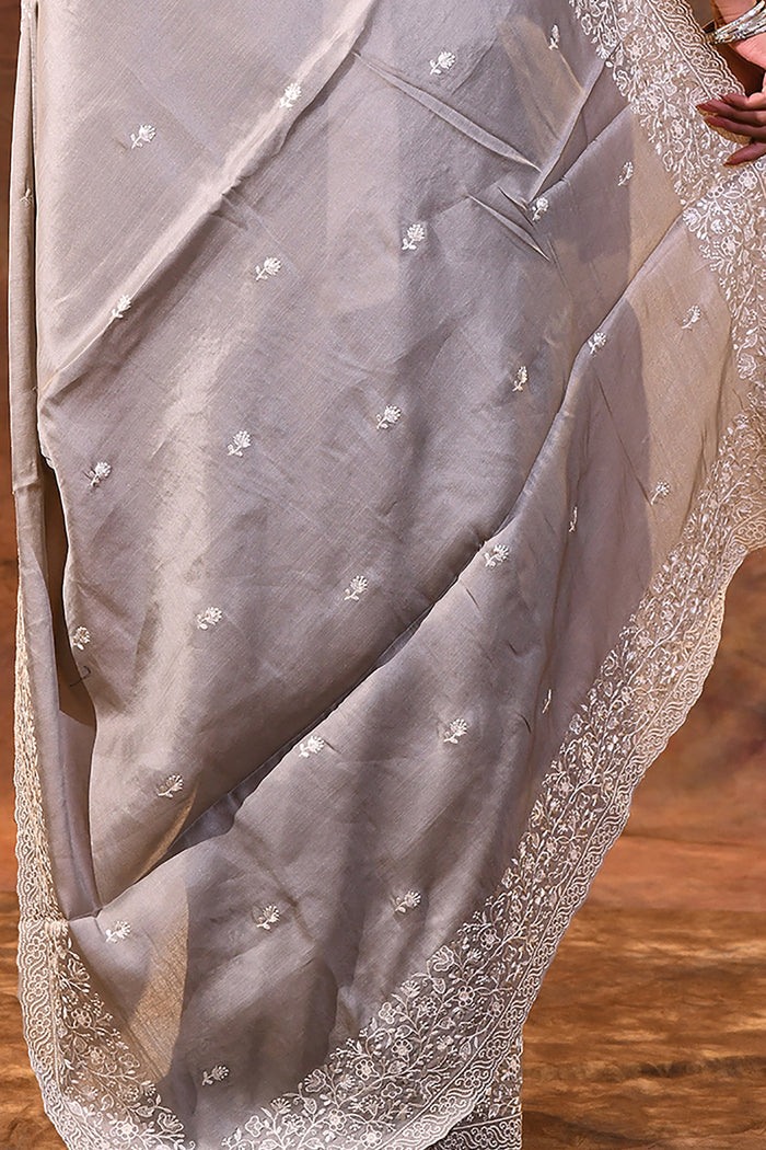 Grey Floral Embroidered Silk Blend Saree