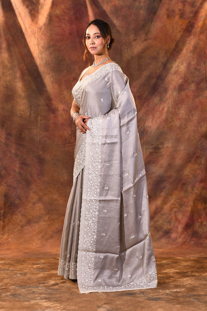 Grey Floral Embroidered Silk Blend Saree