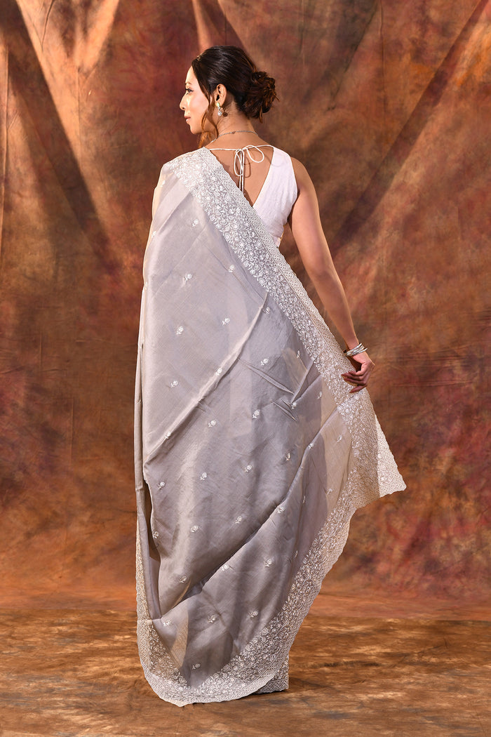 Grey Floral Embroidered Silk Blend Saree