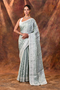 Grey Floral Silk Blend Saree