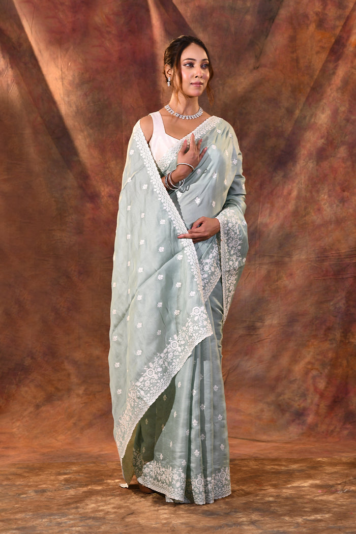 Grey Floral Silk Blend Saree