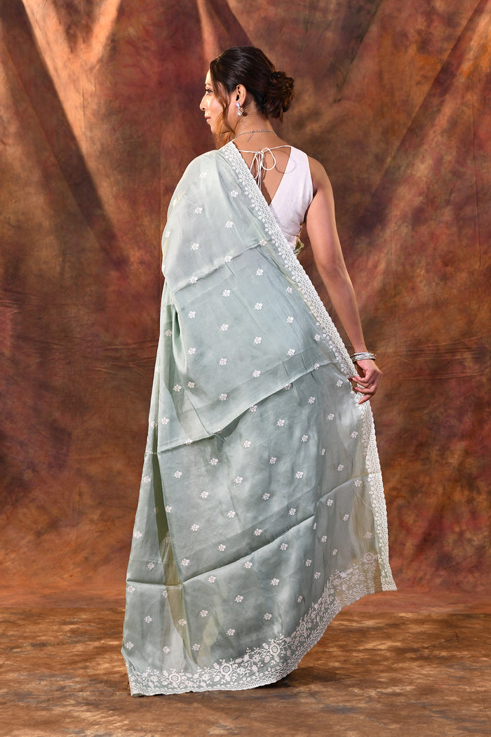 Grey Floral Silk Blend Saree