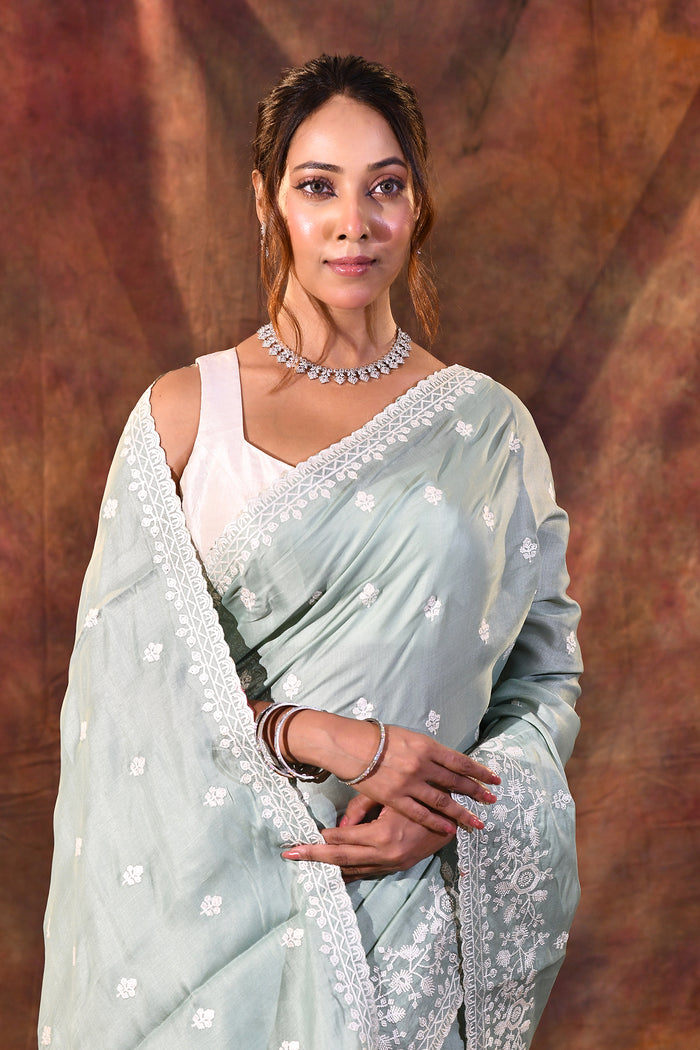 Grey Floral Silk Blend Saree