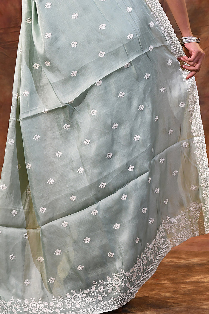 Grey Floral Silk Blend Saree