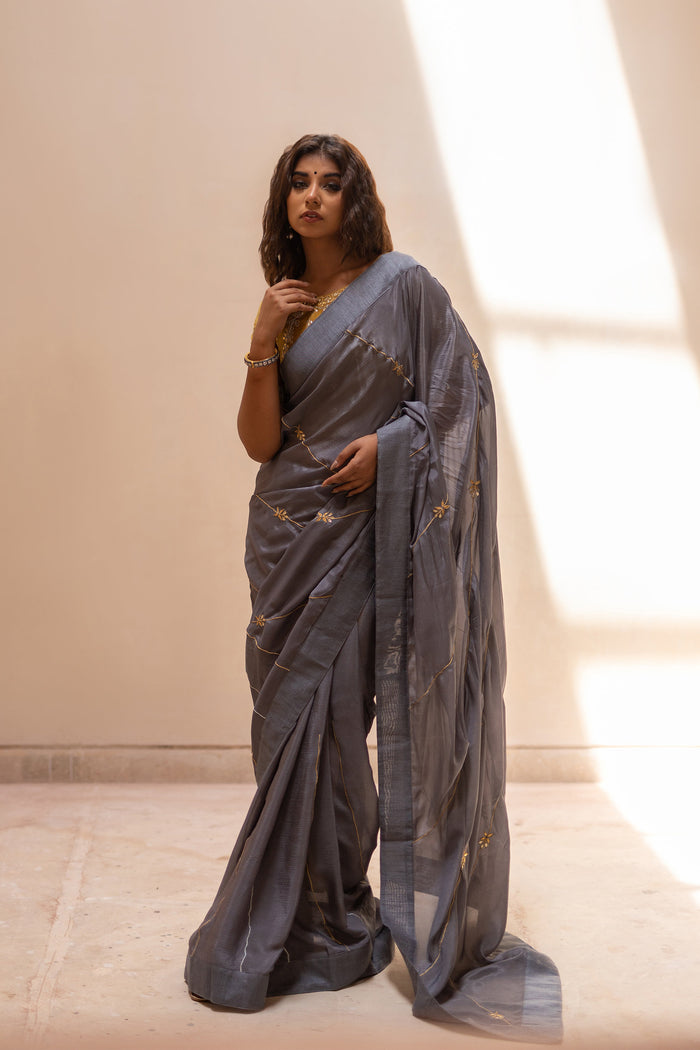 Grey Gota Patti Chinon Saree