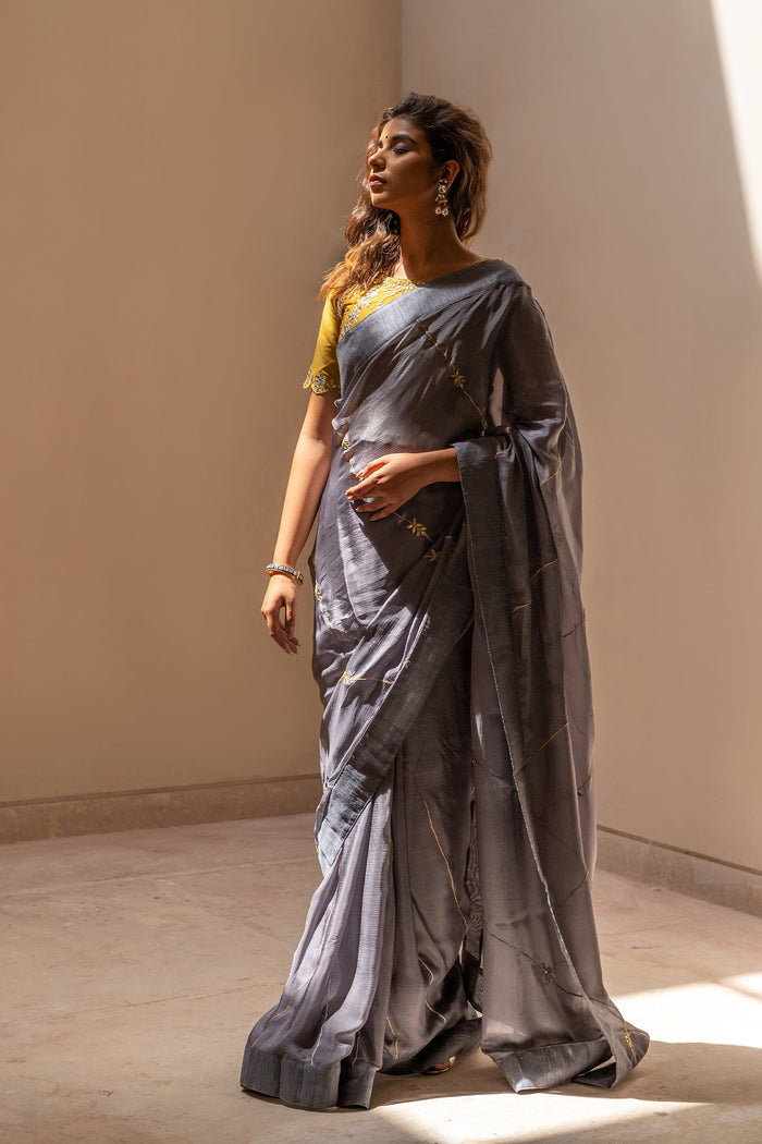 Grey Gota Patti Chinon Saree