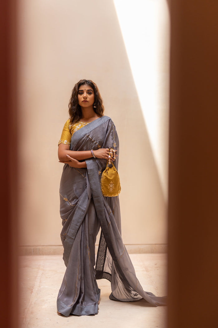 Grey Gota Patti Chinon Saree