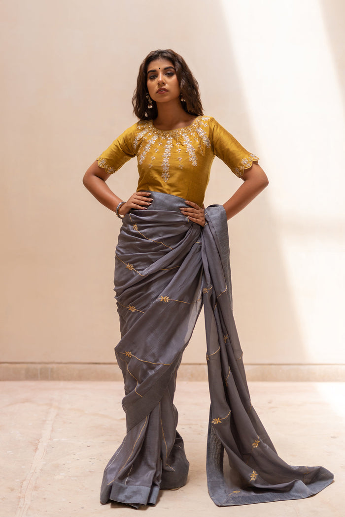 Grey Gota Patti Chinon Saree