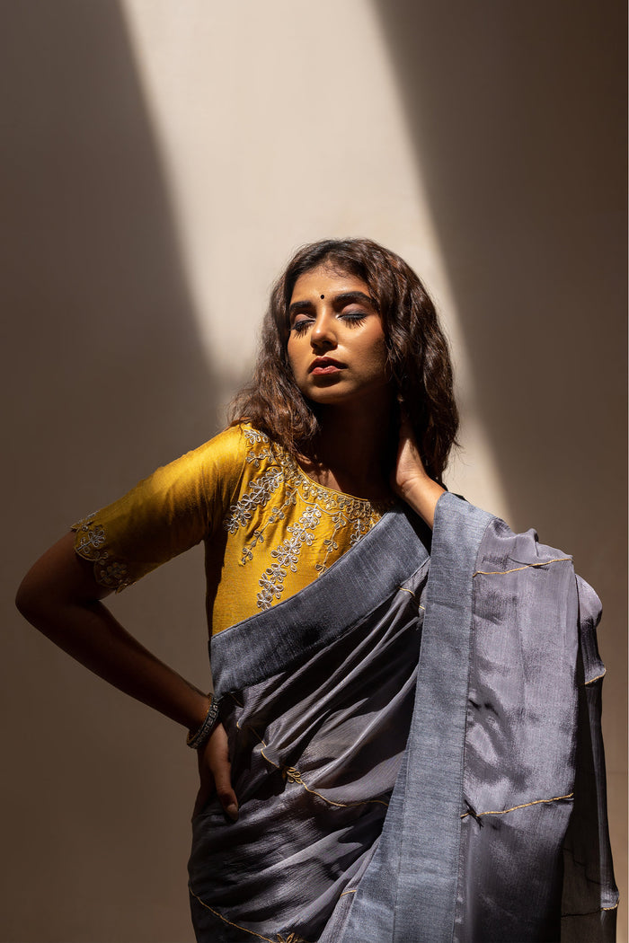 Grey Gota Patti Chinon Saree