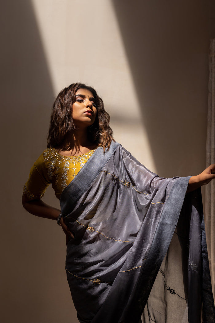 Grey Gota Patti Chinon Saree