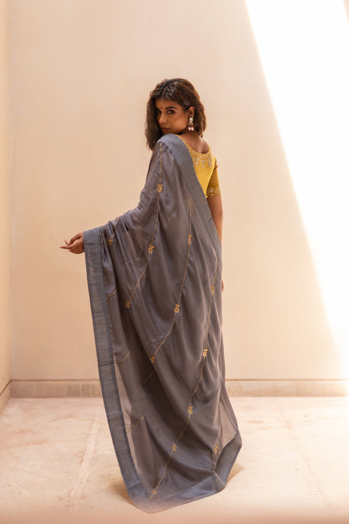 Grey Gota Patti Chinon Saree