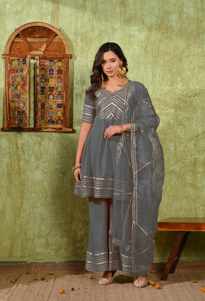 Grey Rayon Embroidered Kurta Set