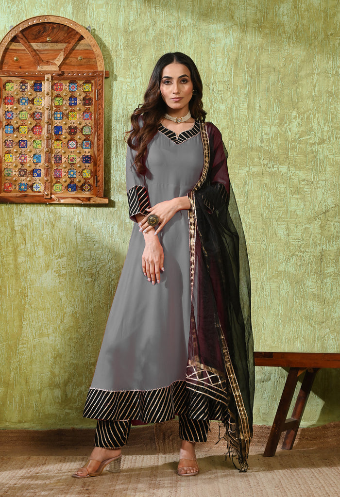 Grey Rayon Solid Anarkali Set