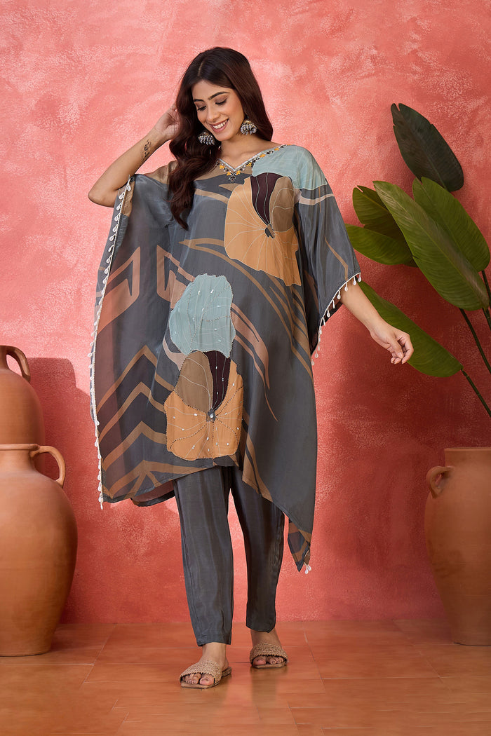 Grey Silk Printed Kaftan Set