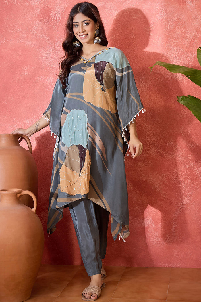 Grey Silk Printed Kaftan Set