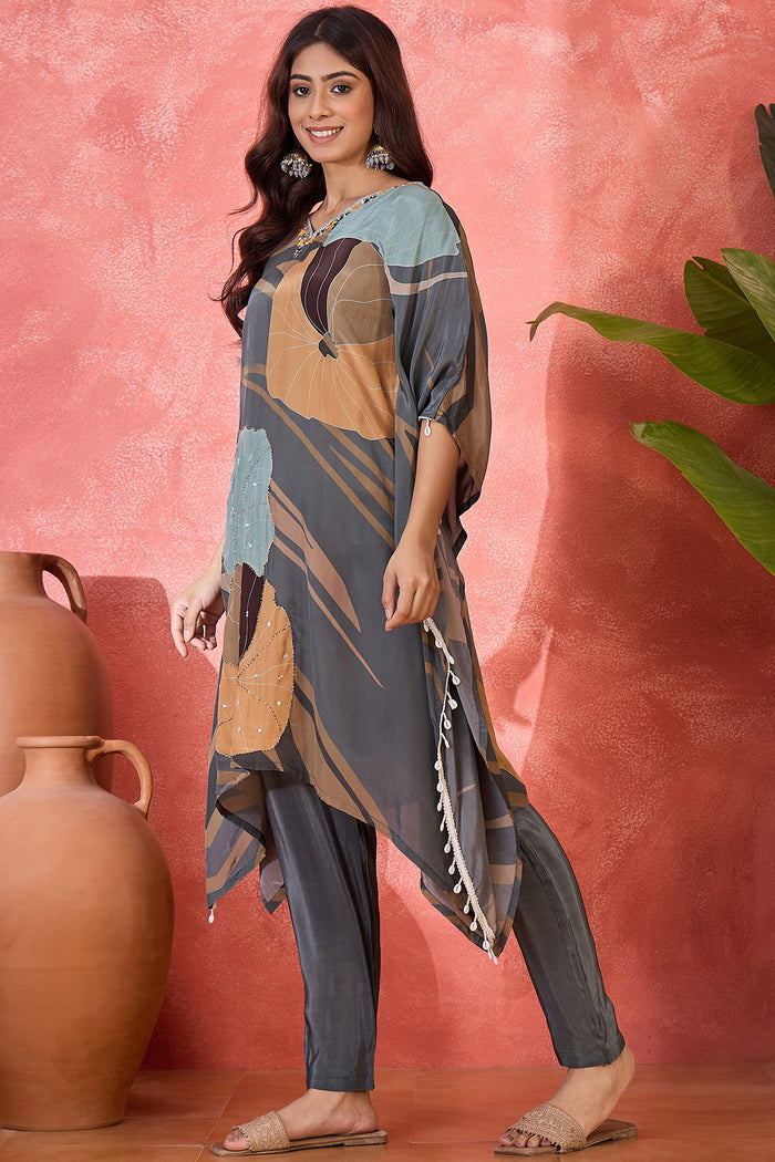 Grey Silk Printed Kaftan Set