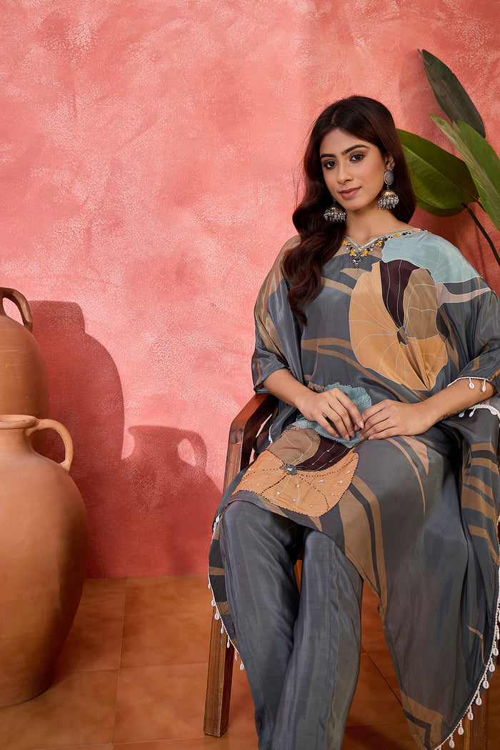 Grey Silk Printed Kaftan Set