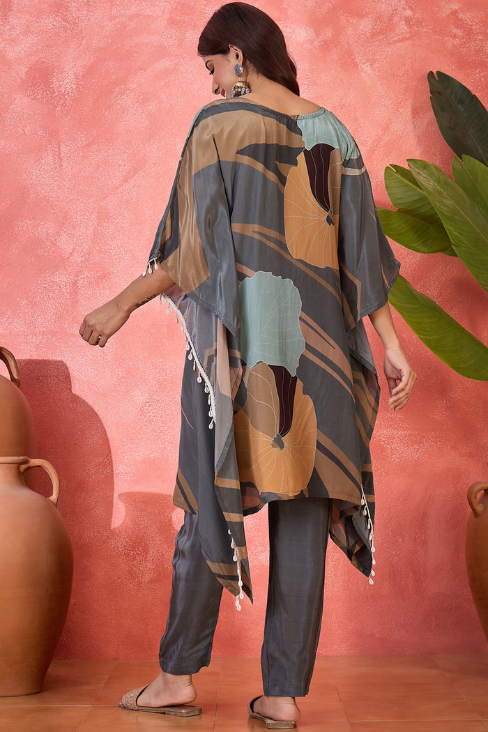 Grey Silk Printed Kaftan Set