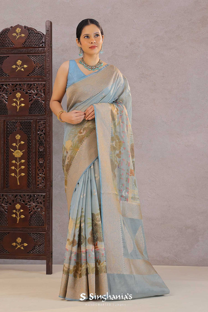 <img> Grey Tissue Banarasi Saree With Butti'S
