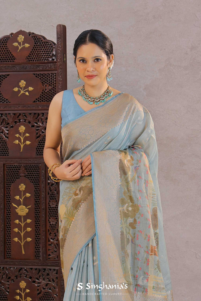 <img> Grey Tissue Banarasi Saree With Butti'S