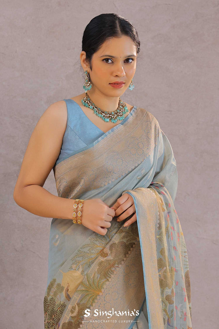 <img> Grey Tissue Banarasi Saree With Butti'S