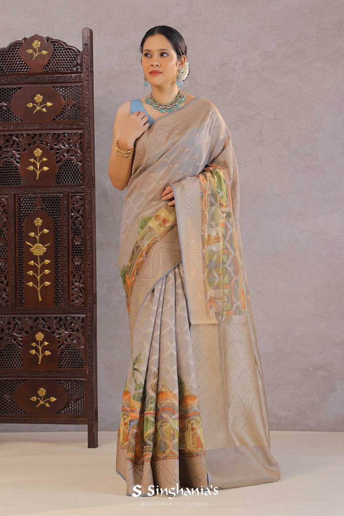 <img> grey tissue banarasi saree with human figures