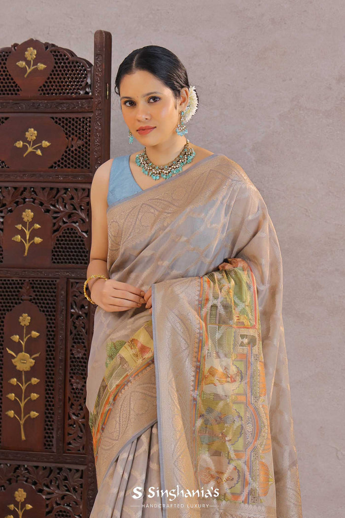 <img> grey tissue banarasi saree with human figures