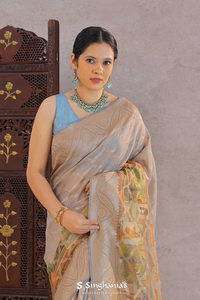 <img> grey tissue banarasi saree with human figures