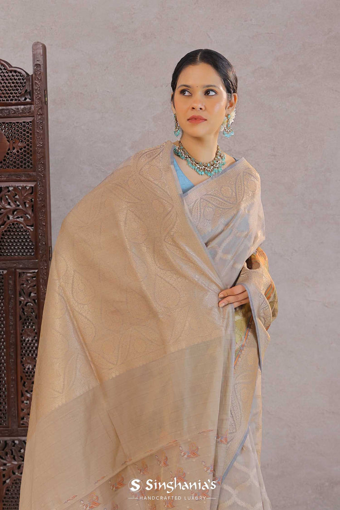 <img> grey tissue banarasi saree with human figures