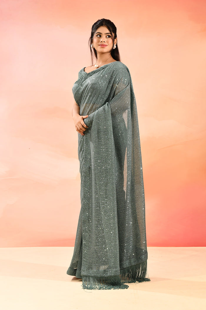Gunmetal Gray Metallic Shimmer Net Saree With Elegant Beaded Tassels