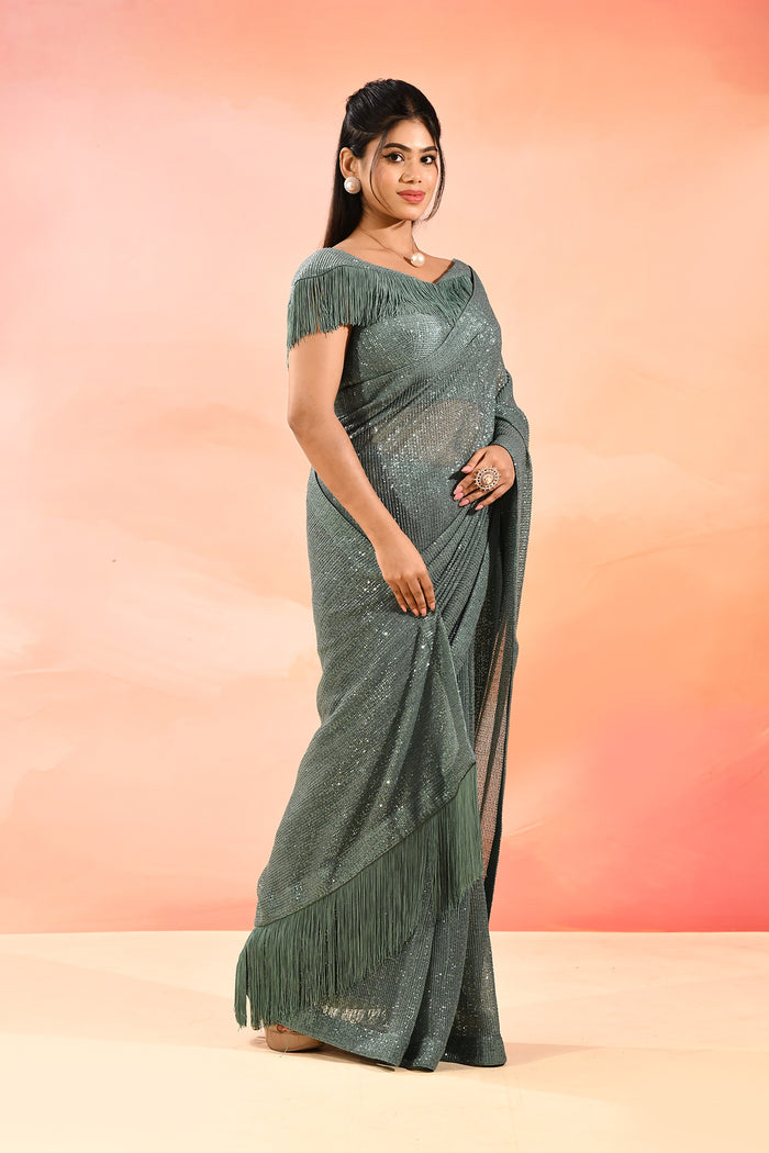 Gunmetal Gray Metallic Shimmer Net Saree With Elegant Beaded Tassels
