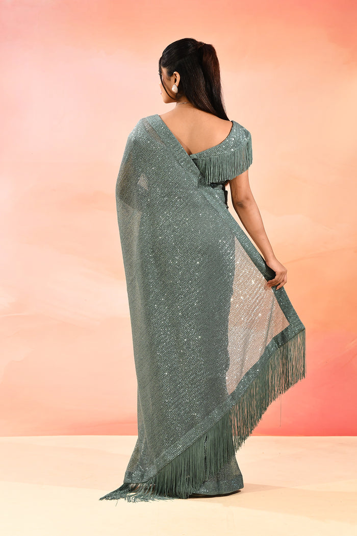 Gunmetal Gray Metallic Shimmer Net Saree With Elegant Beaded Tassels