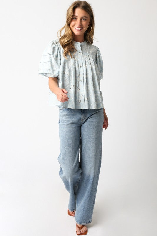 Had to Be You Light Blue Eyelet Embroidered Top