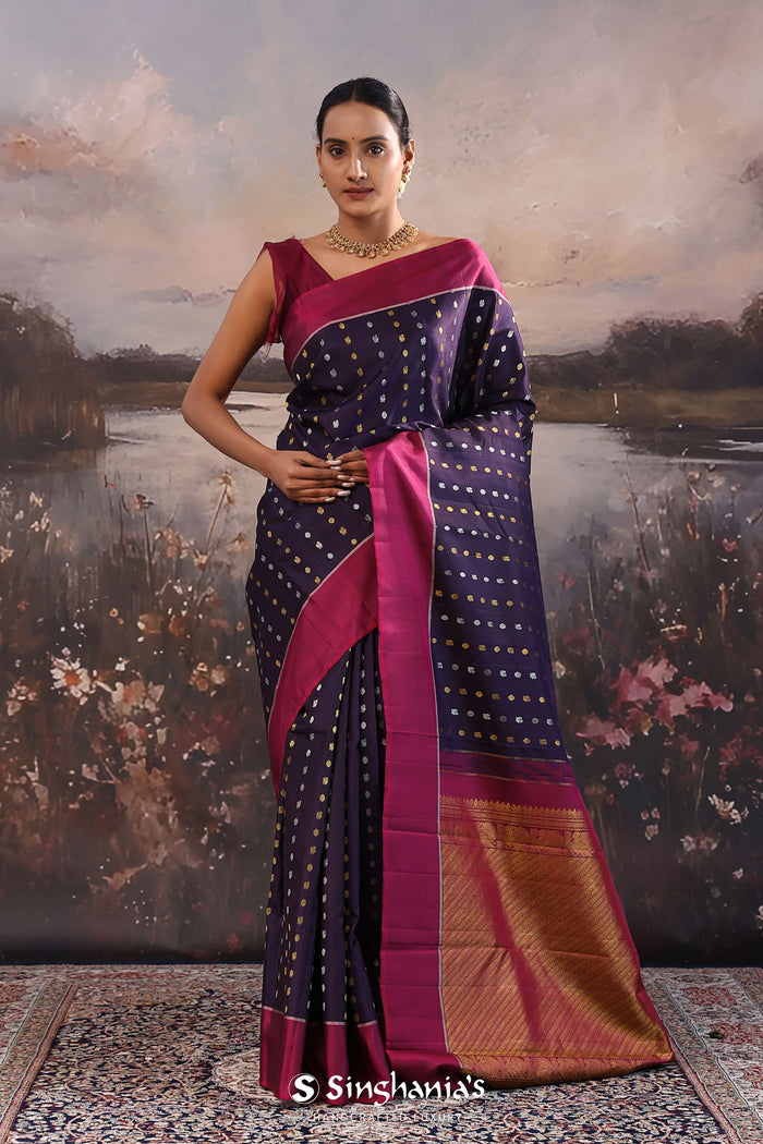 <img> Haiti Purple Kanjivaram Silk Saree With Motifs