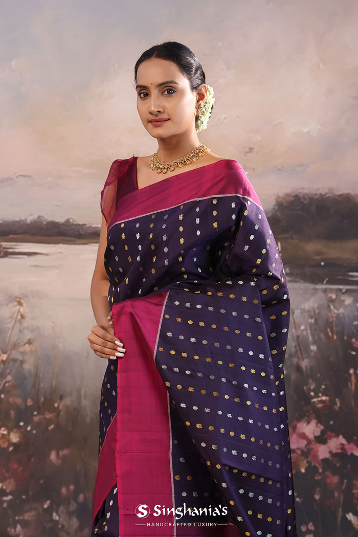 <img> Haiti Purple Kanjivaram Silk Saree With Motifs