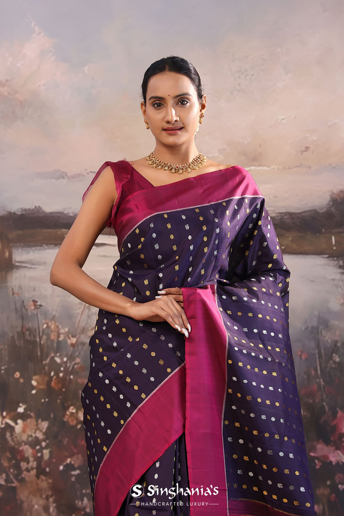 <img> Haiti Purple Kanjivaram Silk Saree With Motifs