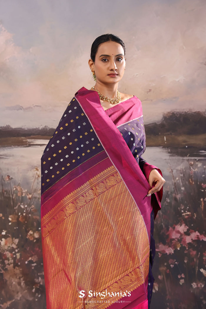 <img> Haiti Purple Kanjivaram Silk Saree With Motifs
