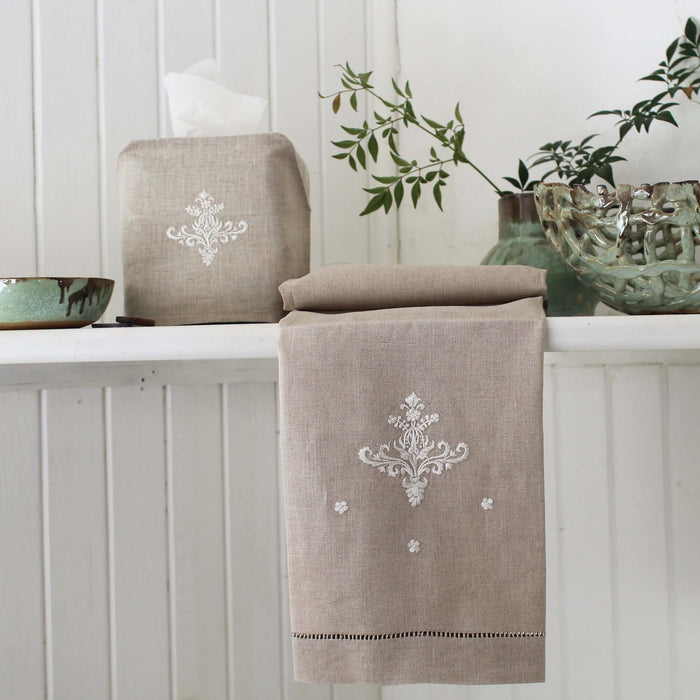 Hand Embroidered Linen Guest Towel -  Ornament on Natural