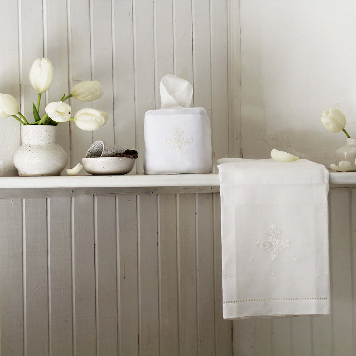 Hand Embroidered Linen Guest Towel  - Ornament on White