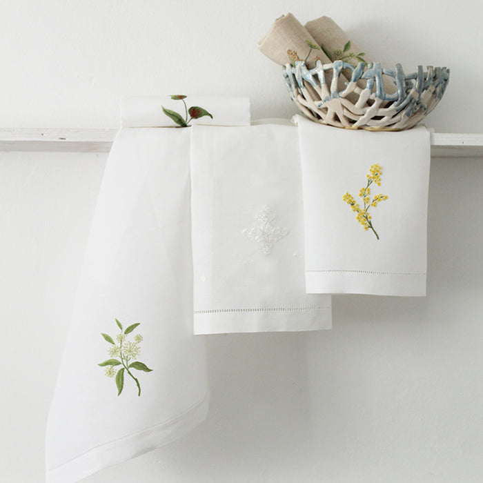 Hand Embroidered Linen Guest Towel – Elder Flower on White