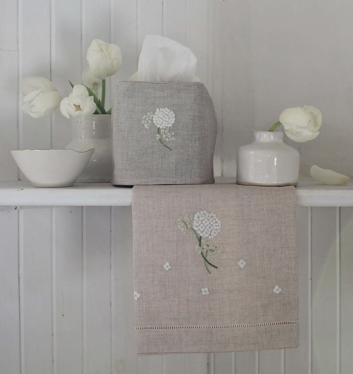 Hand Embroidered Linen Guest Towel – Hydrangea on Natural