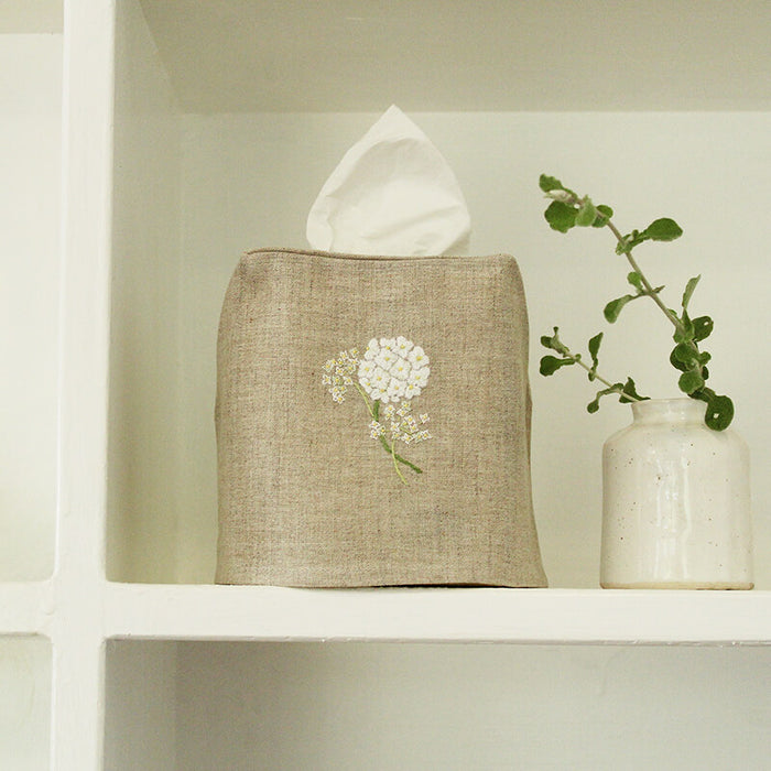 Hand Embroidered Linen Tissue Box Cover - Hydrangea Natural