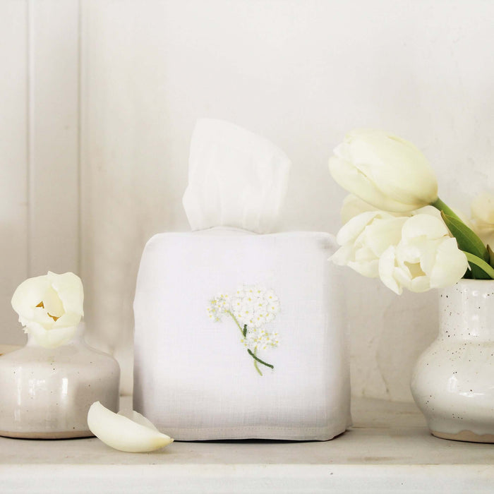 Hand Embroidered Linen Tissue Box Cover - Hydrangea White
