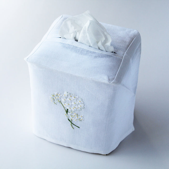 Hand Embroidered Linen Tissue Box Cover - Hydrangea White