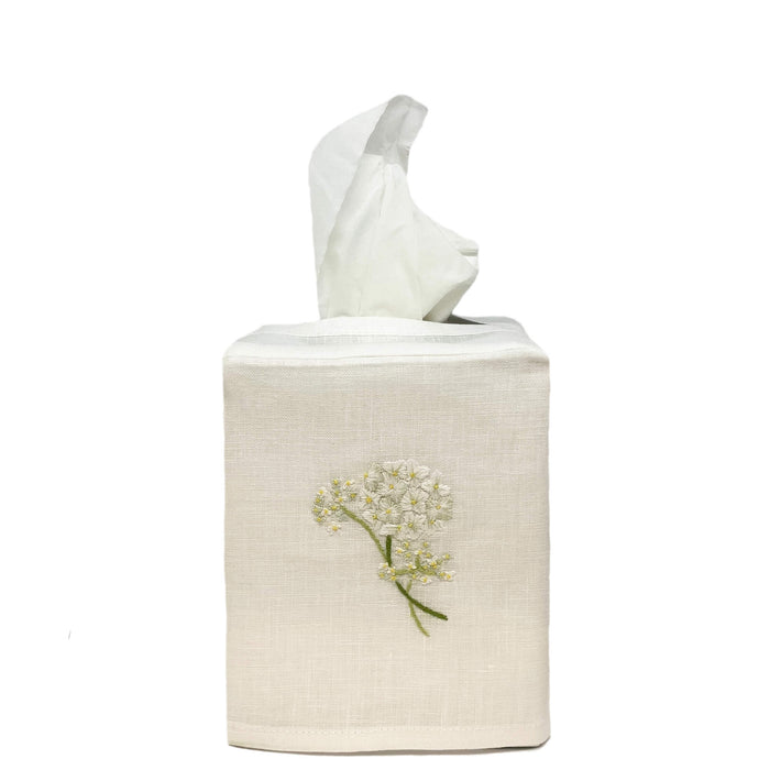 Hand Embroidered Linen Tissue Box Cover - Hydrangea White
