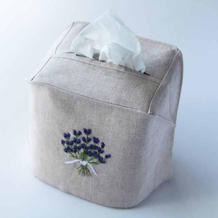Hand Embroidered Linen Tissue Box Cover  - Lavender Natural